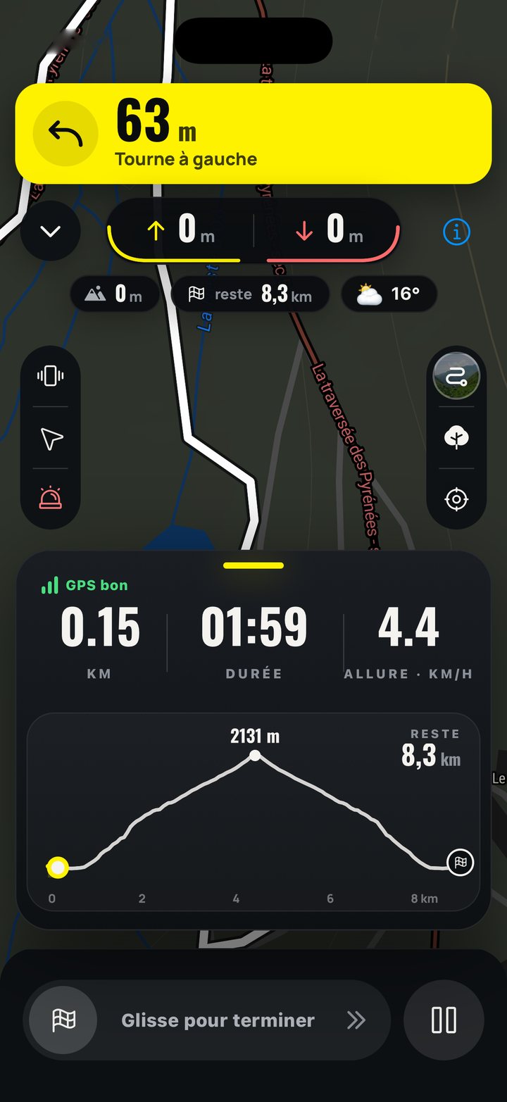 Le guidage : la carte tirée vers le haut montre le profil d'altitude, la partie déjà faite en jaune